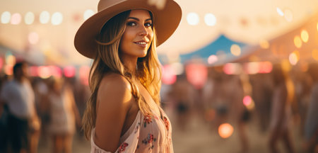 woman walking through the crowd at a festival in a hat.の素材