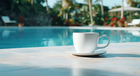 white coffee cup on stone tiled outside swimming pool.の素材