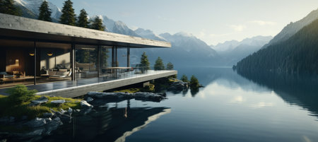 views of an impressive home overlooking the lake architecture.の素材