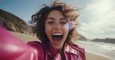 woman in pink leather jacket taking selfie with red mobile phone on the beach.の素材