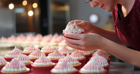 a girl puts frosting on several cupcakes.の素材