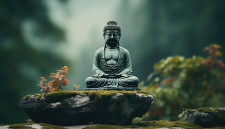 a buddha in meditation with a stone sitting in the background.の素材