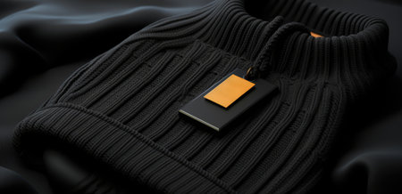 a black tag is sitting on top of a pair of black sweaters.の素材