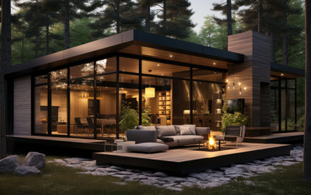 a black cabin with a large side porch in the woods.の素材