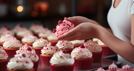 a girl puts frosting on several cupcakes.の素材