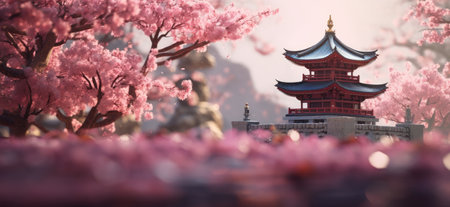 a pink tree and pagoda with tree stock footage.の素材