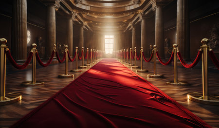 a red carpet leading to some red lights.の素材