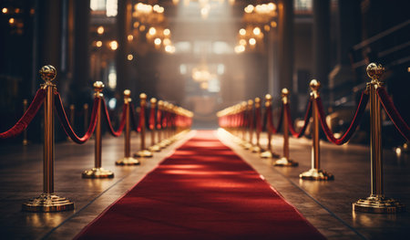 a red carpet leading to some red lights.の素材