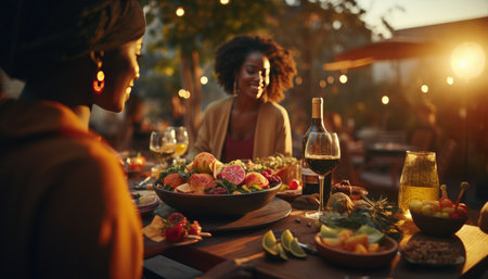 a table with a variety of food is filled with wine, food, and snacks.の素材