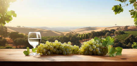 a white table and glasses on the table with wine and grapes.の素材