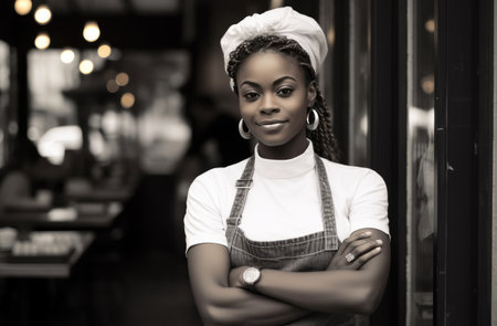 a woman chef posing outside a restaurant.の素材