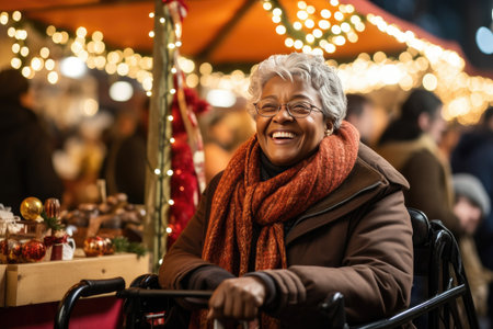 an elderly woman in a wheelchair sits in a Christmas market.の素材