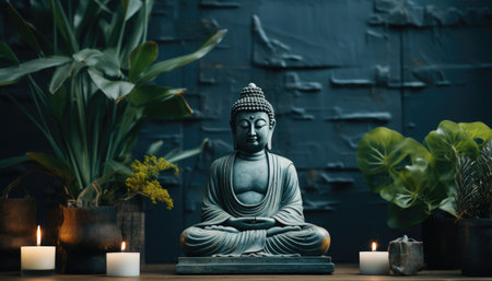 buddha sitting on the table against the wall of the building.の素材