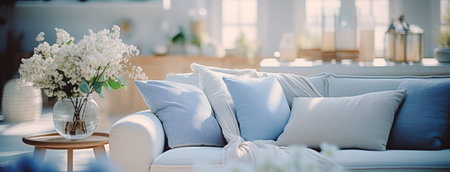 clean and bright living room with blue furniture and blue pillows.の素材