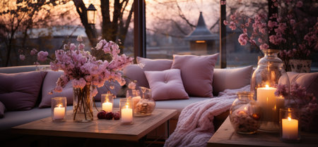 an outdoor scene with candles and flowers on a sofa.の素材