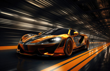 an orange and black racing car speeding down a track with lights on.の素材