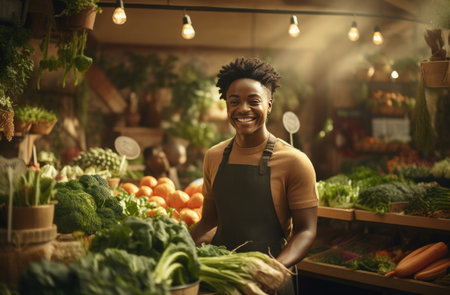 attractive farm worker smiling in front of vegetables in market stall.の素材