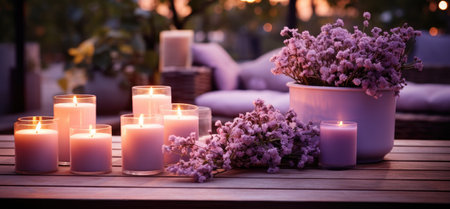 an outdoor scene with candles and flowers on a sofa.の素材