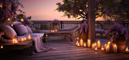 an outdoor scene with candles and flowers on a sofa.の素材