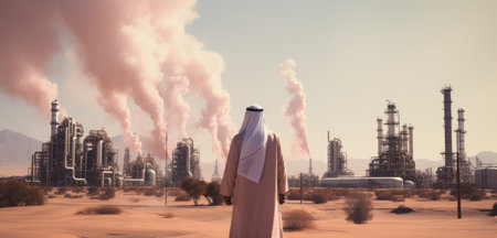 arab man in the desert looking at an oil field.の素材
