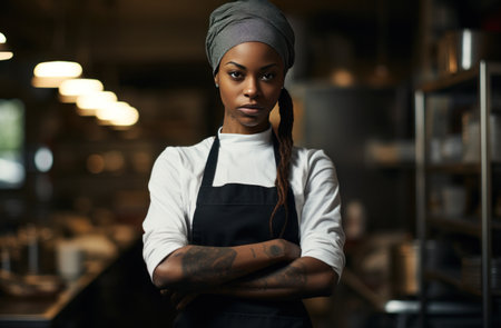 female chef standing in the kitchen with her arms folded.の素材