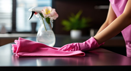 handwoman wipes a kitchen counter in pink cleaning gloves.の素材