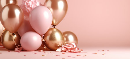 cute pink champagne balloons with golden rings on a pink background.の素材
