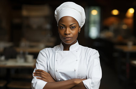 female chef standing in the kitchen with her arms folded.の素材