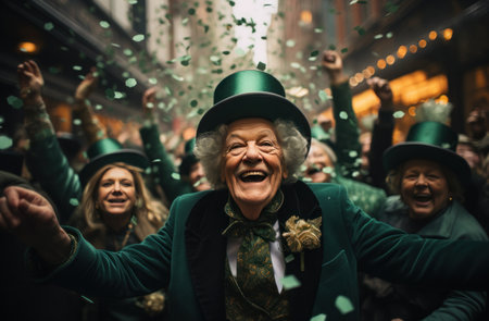 four elderly saint patrick's day citizens celebrating party with beer on a city street.の素材