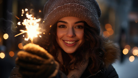 a woman is holding a sparkler in her hands and smiling.の素材
