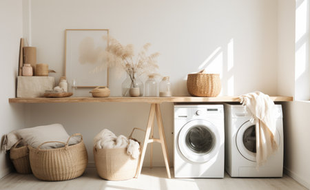 a white washer in a room with baskets on it.の素材