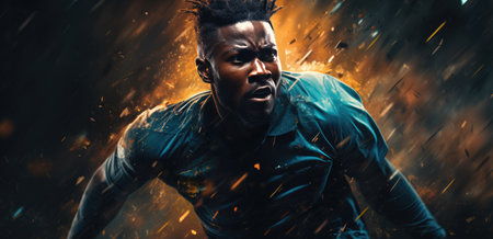 a soccer player kicking a ball on a rainy night.の素材