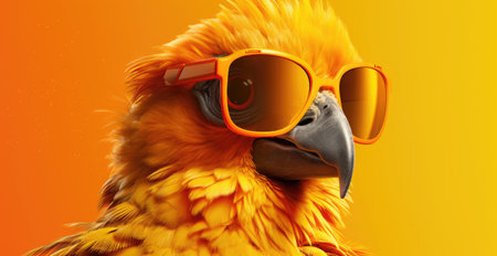 a bright yellow bird wearing sunglasses on an orange background.の素材