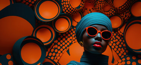 woman in orange colored circles.の素材
