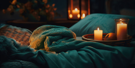 a bed with candles and basket on it.の素材