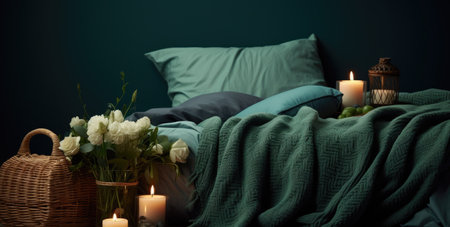 a bed with candles and basket on it.の素材