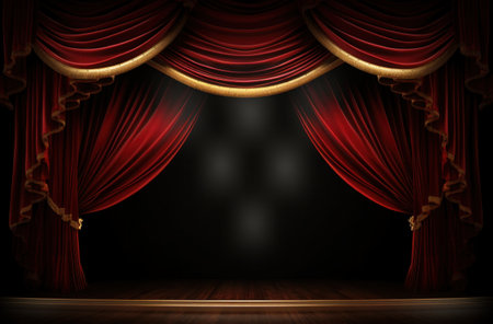 red theater stage with light and curtains.の素材