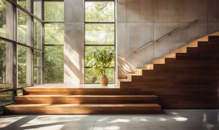 stairs with natural light coming through windows.の素材