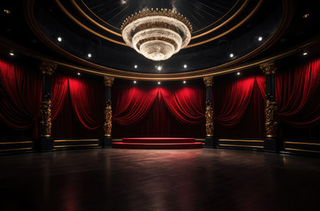 an empty red stage with chandelier,.の素材