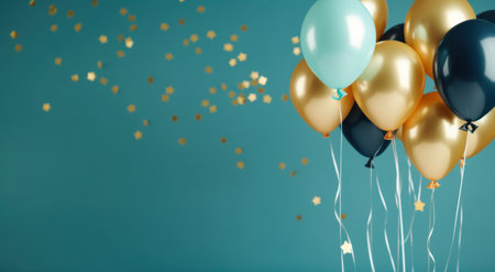 blue and gold balloons with gold stars on a blue background.の素材