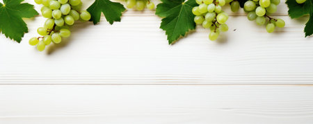 Green grapes on white wooden background. Top view with copy space.の素材