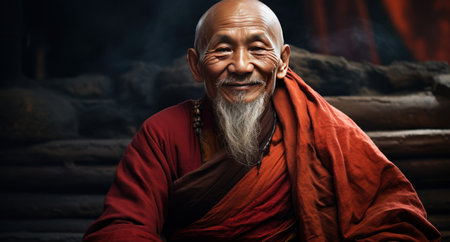 Elderly monk with a warm smile in traditional red robes.の素材