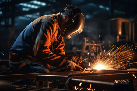 man wearing welding vest welding sparks in steel factory.の素材