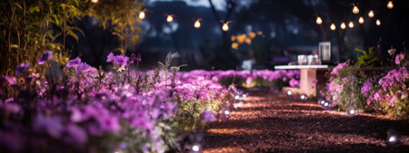 purple led lights hanging over several flower beds.の素材