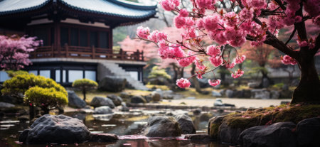 japanese architecture and flowers in spring tree in japan.の素材