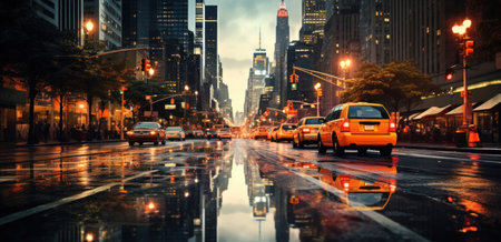 new york city night taxis passing by at night, rainsoaked streets.の素材