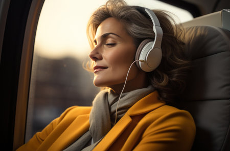 senior woman listening to music on train.の素材
