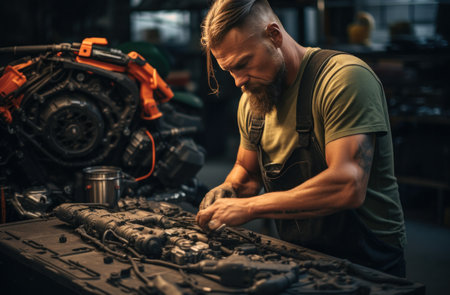 repair shop mechanic fixing the cars engine.の素材