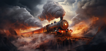 the train is traveling through the steam clouds.の素材