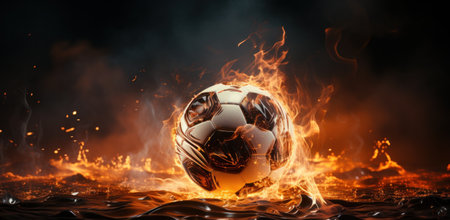 Soccer ball on fire background. 3d illustration. Banner.の素材